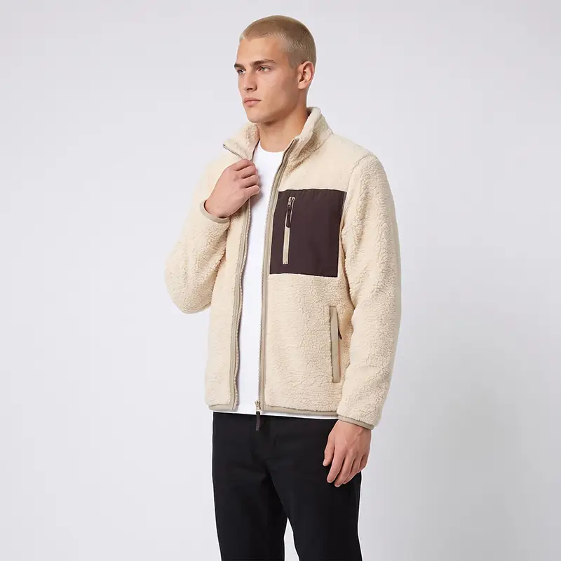 Tensuit men's sherpa fleece jacket side view, cream fuzzy fleece full zip outdoor warm coat