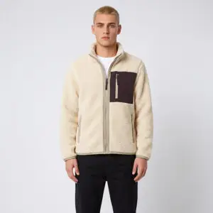 Tensuit men's sherpa fleece full zip jacket front view, cream fuzzy fleece outdoor warm jacket with dark chest pocket