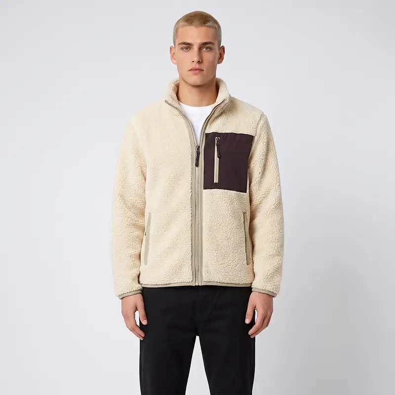 Tensuit men's sherpa fleece full zip jacket front view, cream fuzzy fleece outdoor warm jacket with dark chest pocket