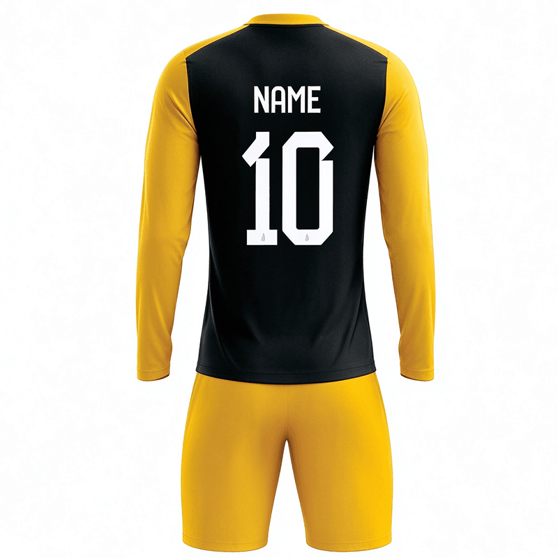 Tensuit custom long sleeve black yellow soccer jersey back view, personalised name and number football uniform set LBDZ-FL-004