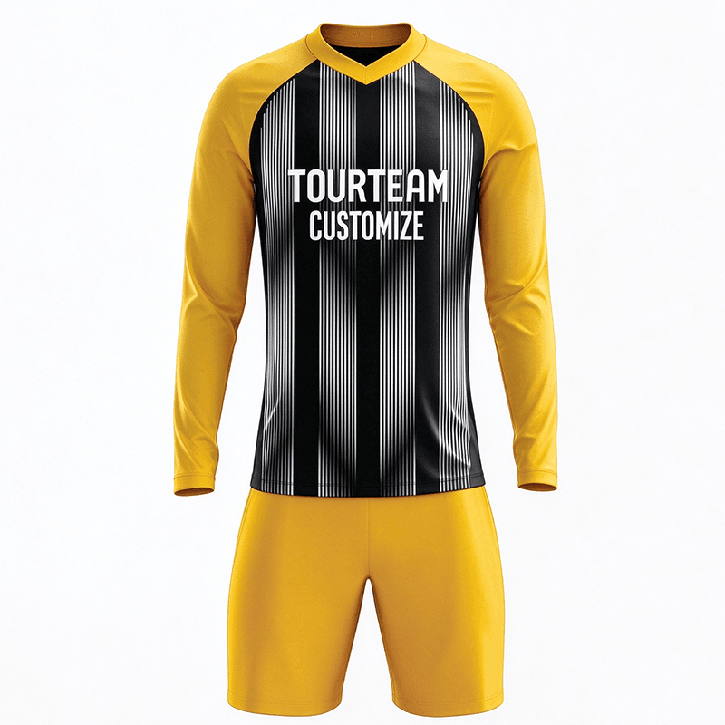 Tensuit custom long sleeve black yellow striped soccer jersey front view, TOURTEAM customize football uniform set LBDZ-FL-004