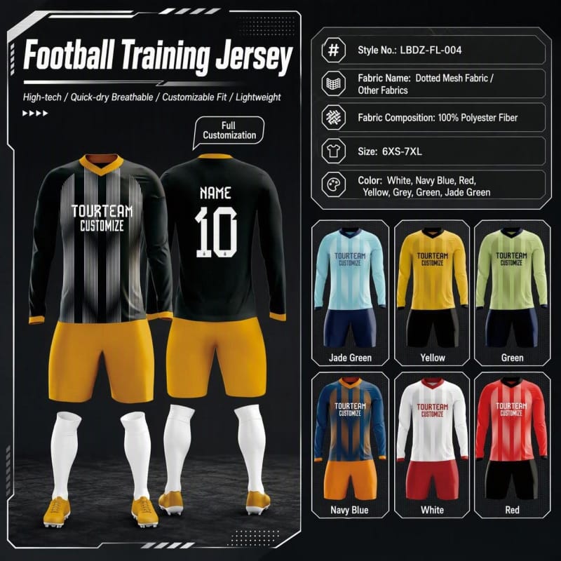 Tensuit custom long sleeve football training jersey spec poster, multi color options, full custom soccer uniform LBDZ-FL-004
