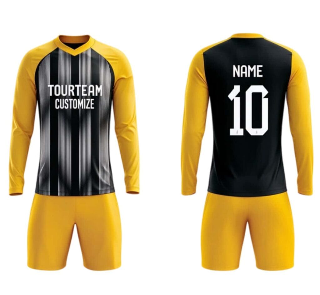 Tensuit custom black yellow long sleeve football jersey front and back view, TOURTEAM custom soccer uniform set LBDZ-FL-004