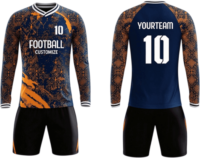 Tensuit custom navy orange long sleeve football jersey front and back view, sublimated soccer uniform set LBDZ-FL-005