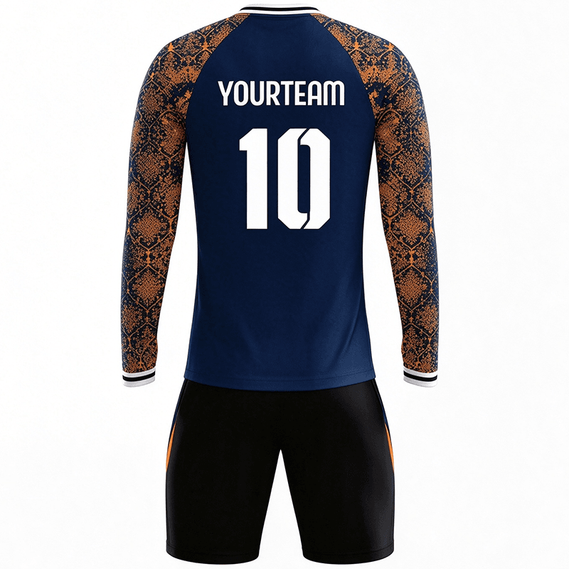 Tensuit custom long sleeve navy orange soccer jersey back view, personalized team name and number football uniform LBDZ-FL-005