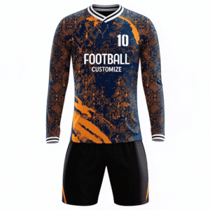 Tensuit custom long sleeve navy orange vintage print soccer jersey front view, FOOTBALL CUSTOMIZE football uniform LBDZ-FL-005