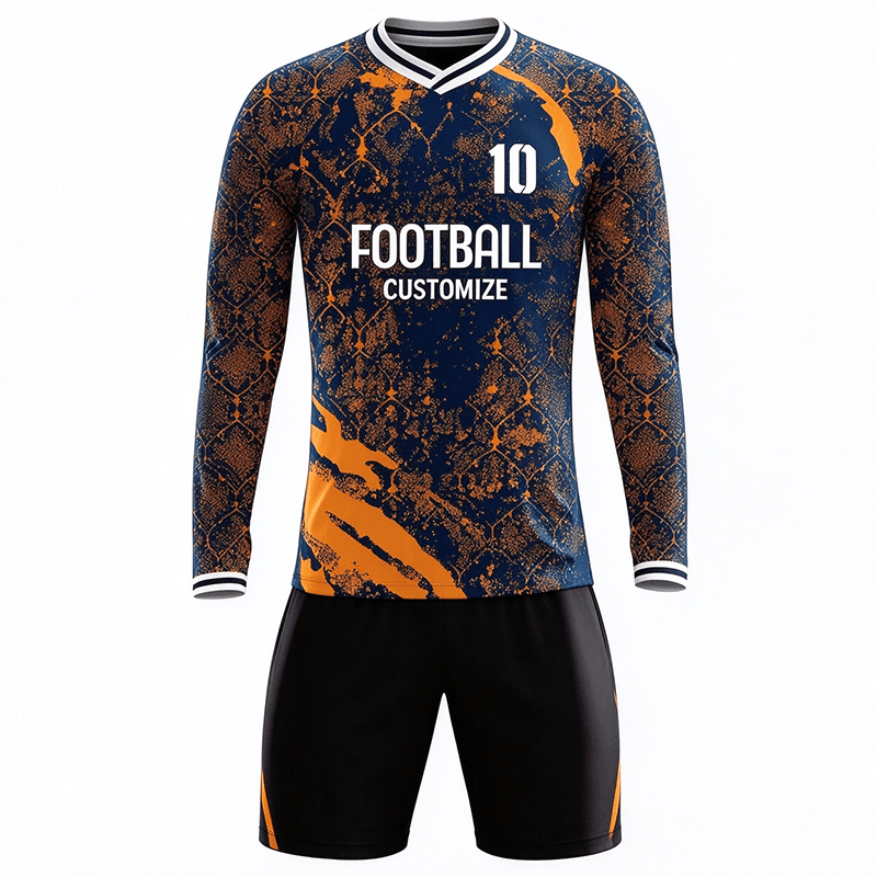 Tensuit custom long sleeve navy orange vintage print soccer jersey front view, FOOTBALL CUSTOMIZE football uniform LBDZ-FL-005