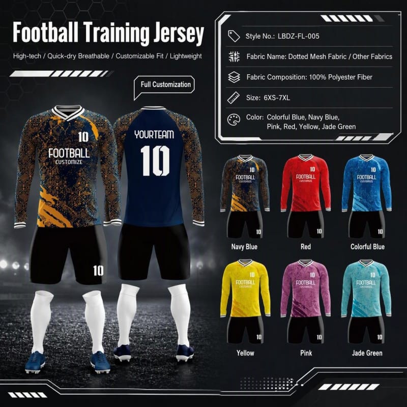 Tensuit custom long sleeve football training jersey spec poster LBDZ-FL-005, vintage navy orange print soccer kit, 6 color options full customization