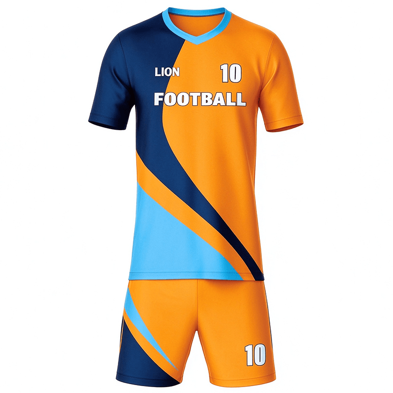 Tensuit custom short sleeve orange navy blue geometric soccer jersey front view, print LION FOOTBALL football uniform LBDZ-F-016