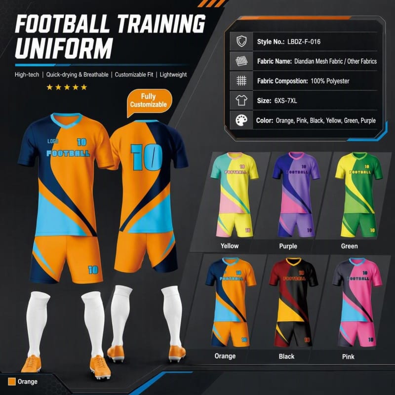 Tensuit custom short sleeve football training uniform spec poster LBDZ-F-016, 6 color options full sublimation custom soccer kit