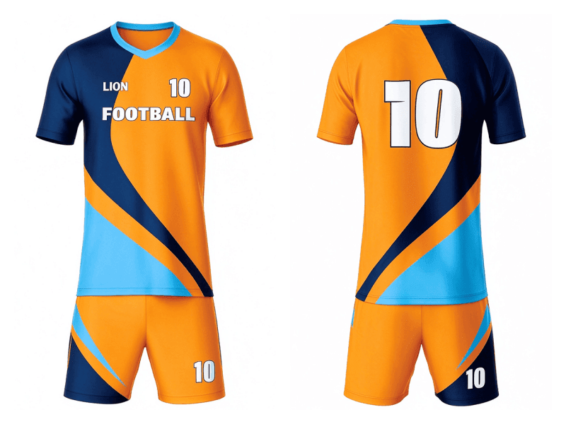 Tensuit custom short sleeve orange navy blue geometric soccer jersey front and back view, sublimation football uniform kit LBDZ-F-016