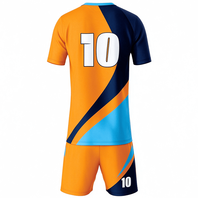 Tensuit custom short sleeve orange navy blue soccer jersey back view, personalised player number football uniform LBDZ-F-016