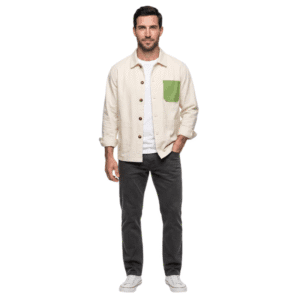 Male model wearing Tensuit off white pure cotton work overshirt with green contrast chest pocket, custom long sleeve work jacket