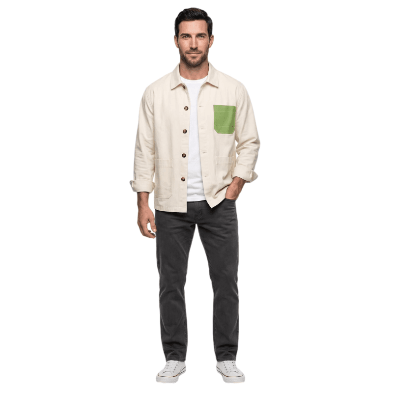 Male model wearing Tensuit off white pure cotton work overshirt with green contrast chest pocket, custom long sleeve work jacket