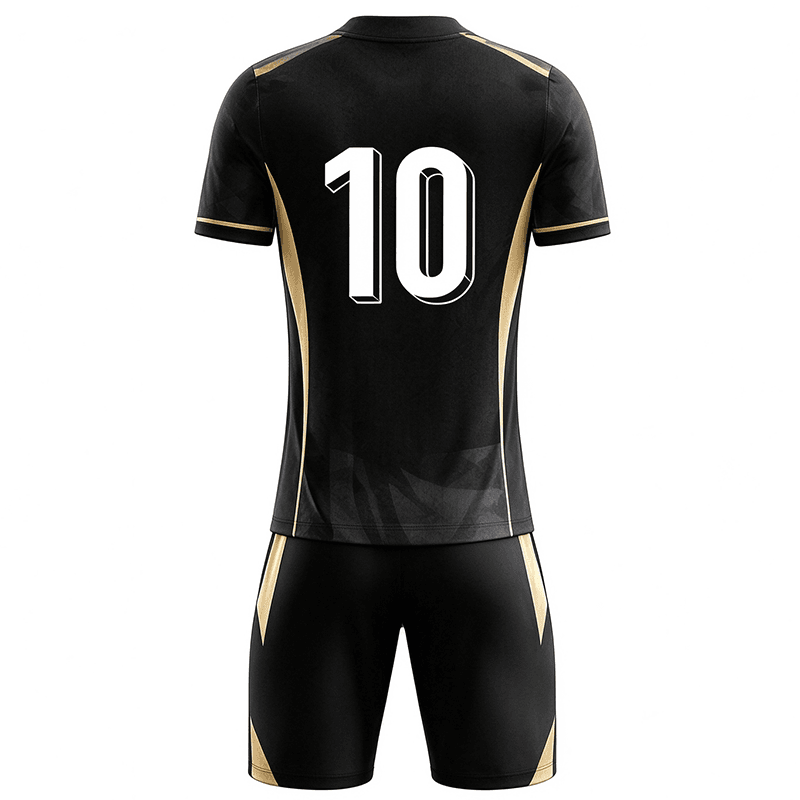 Back view custom black gold football uniform, soccer jersey with large number 10, custom team kit