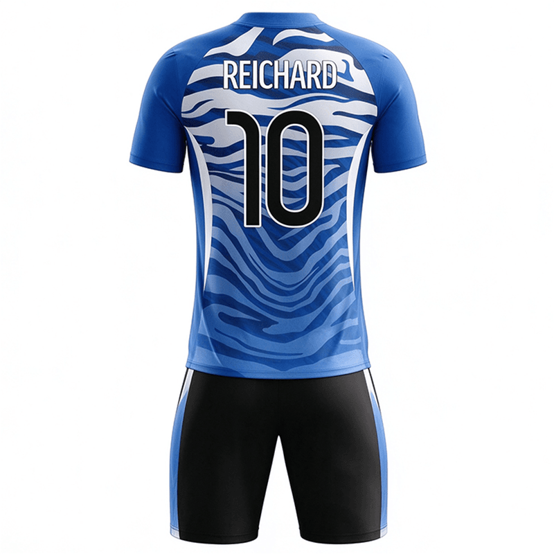Tensuit custom blue zebra soccer jersey back view, personalized name and number, football uniform set