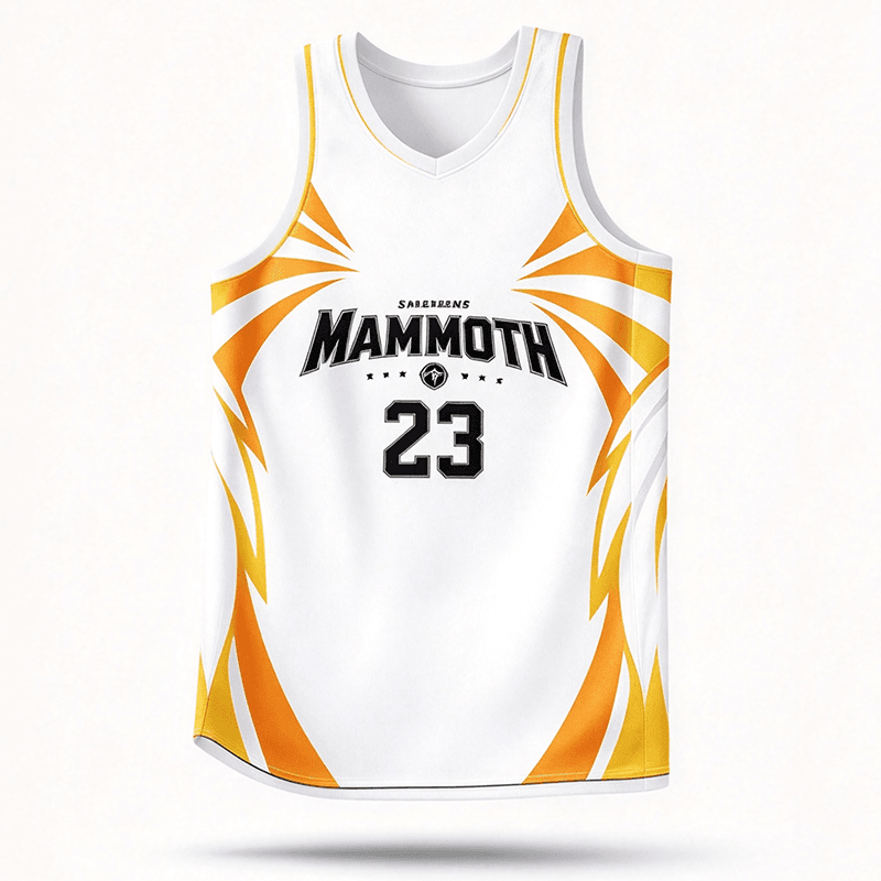 Custom Mammoth Basketball Jersey Front View, White Orange Sublimation Basketball Tank Top