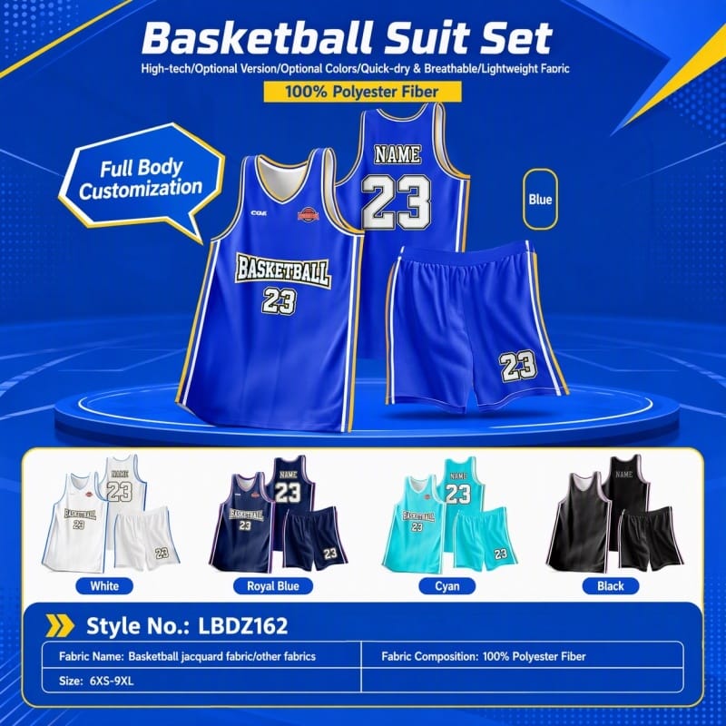 Custom Basketball Suit Set LBDZ162, Full Body Sublimation Basketball Jersey & Shorts, 4 Colors Available