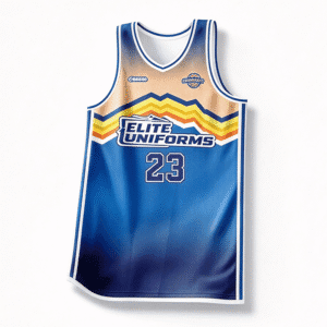 Custom Elite Basketball Jersey Front View, Blue Gradient Sublimation Basketball Tank Top With Color Strip Print