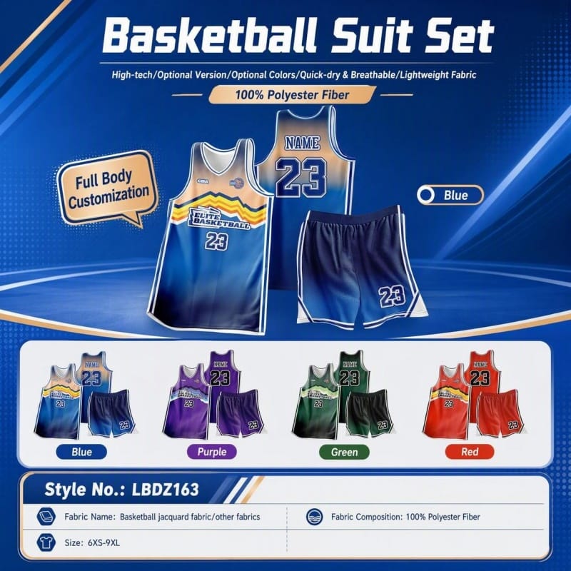 Custom Basketball Suit Set LBDZ163, Full Body Sublimation Basketball Jersey & Shorts, 4 Colors Available