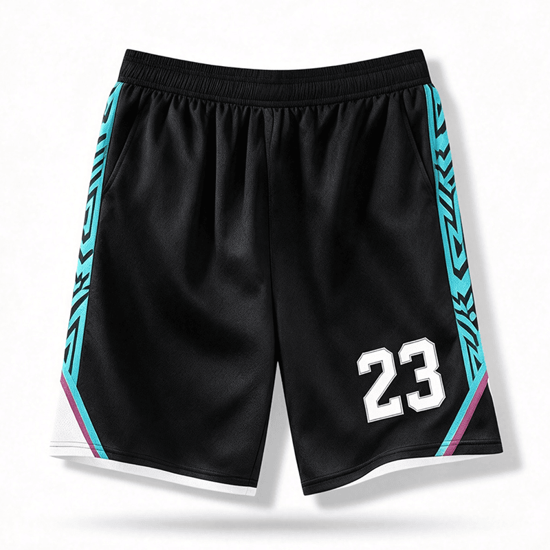 Custom Black Basketball Shorts With Cyan Side Pattern, Matching Basketball Pant With Number