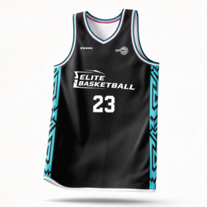 Custom Elite Basketball Jersey Front View, Black Base Cyan Geometric Pattern Sublimation Basketball Tank Top