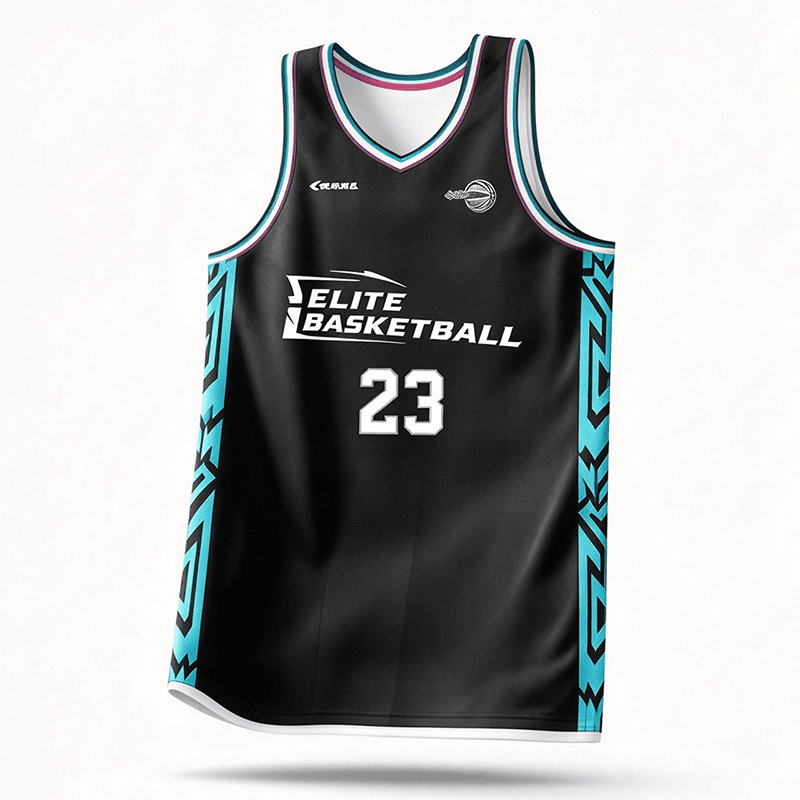Custom Elite Basketball Jersey Front View, Black Base Cyan Geometric Pattern Sublimation Basketball Tank Top