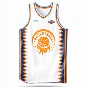 Custom Basketball Jersey Front View, White Sublimation Basketball Tank Top With Orange Basketball Graphic & Zigzag Border