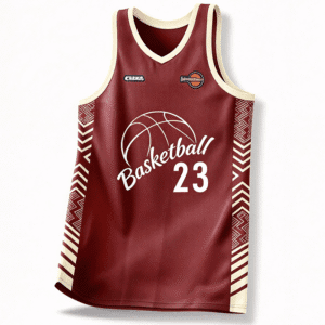 Custom Basketball Jersey Front View, Burgundy Sublimation Basketball Tank Top With Basketball Sketch Graphic & Geometric Side Print