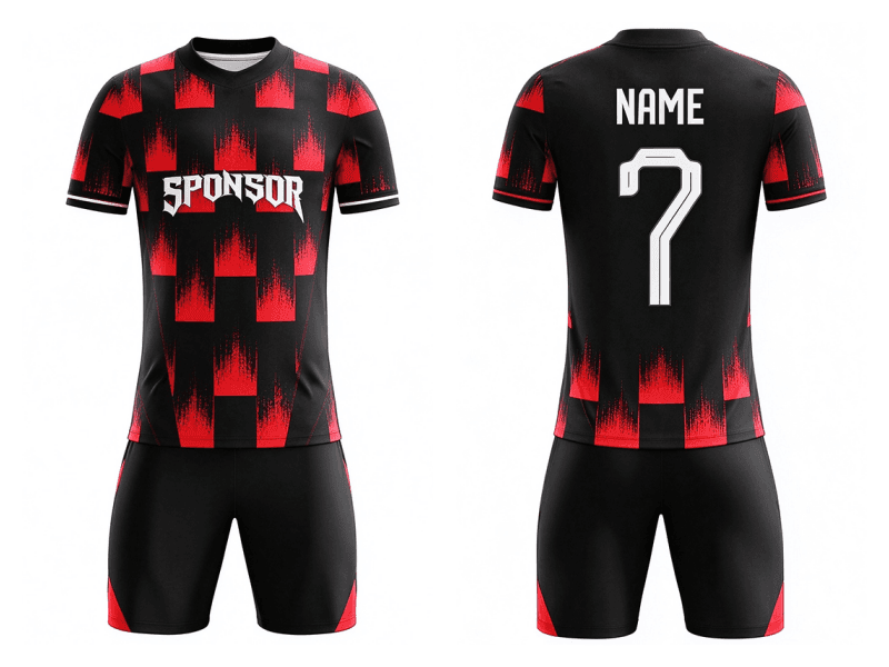 Tensuit custom short sleeve black red check soccer jersey front and back view, sublimation football uniform kit LBDZ-F-176