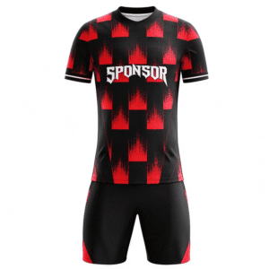 Tensuit custom short sleeve black red check soccer jersey front view, sponsor print football uniform LBDZ-F-176