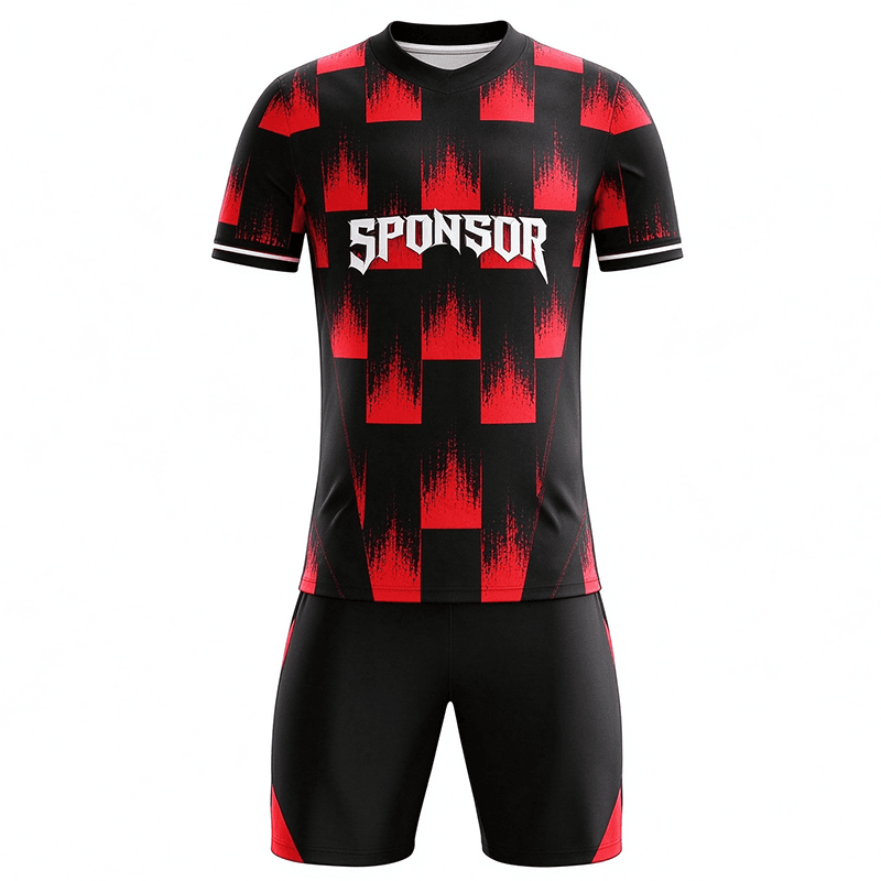 Tensuit custom short sleeve black red check soccer jersey front view, sponsor print football uniform LBDZ-F-176
