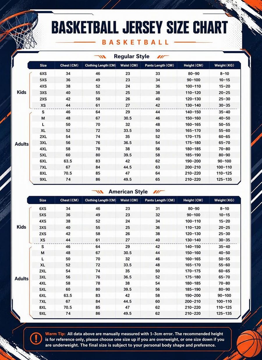 Tensuit Sport Basketball Jersey Size Chart