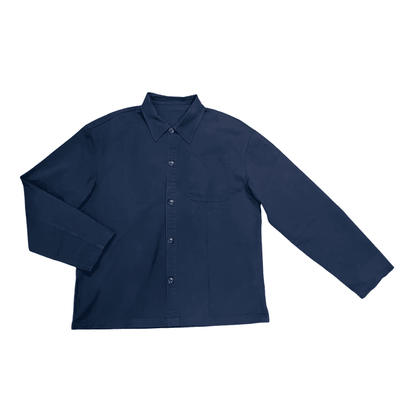 Navy tensuit blue cotton men work shirt front view, flat lay long sleeve button overshirt with chest pocket custom workwear