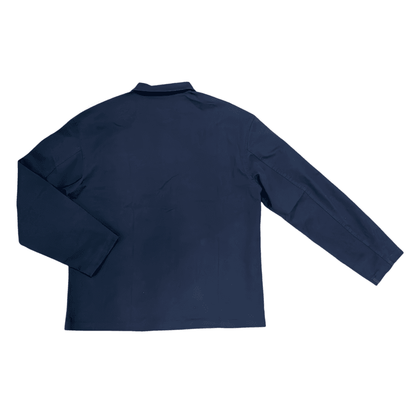 Navy blue cotton men work shirt back view, plain flat lay custom button up long sleeve overshirt