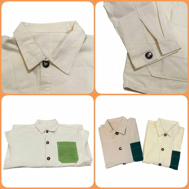 Tensuit cotton work shirt detail collage, collar, cuff, fabric texture and color options of custom off white overshirt