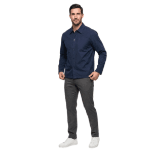 Male tensuit model wearing navy blue cotton long sleeve work overshirt, men custom button up workwear