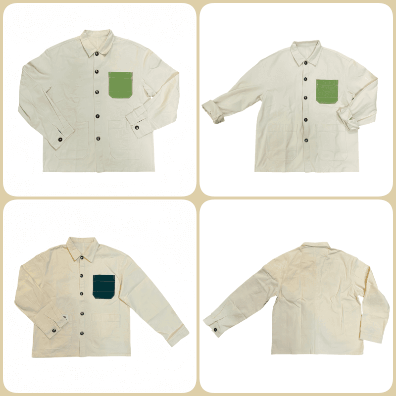 Tensuit custom cotton work shirt collage, off white overshirt with different contrast color pockets, front and back view