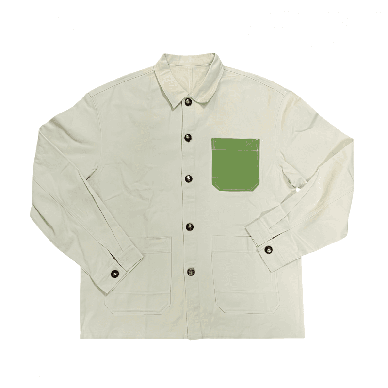 Tensuit men pure cotton work overshirt, off white long sleeve button jacket with green contrast chest pocket, flat lay front view