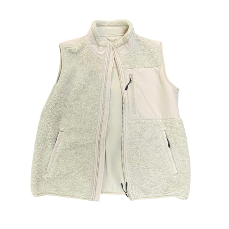 Women Beige Sherpa Fleece Vest Full Zip Stand Collar Sleeveless Jacket With Nylon Panel