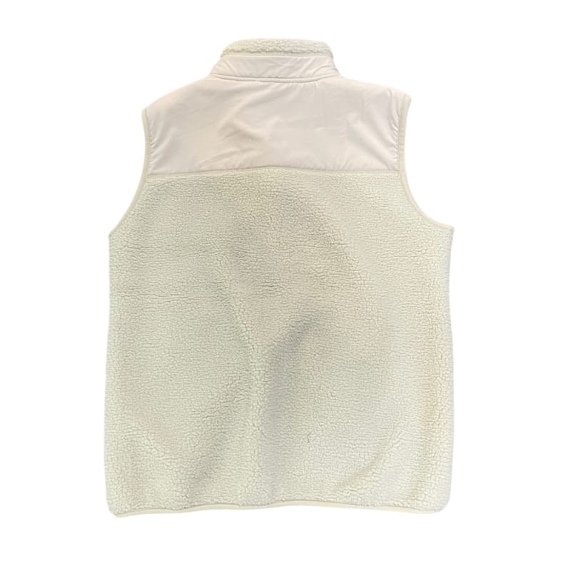 Back view women cream beige sherpa fleece vest flat lay, nylon shoulder panel
