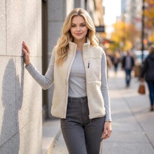 Woman model wearing beige sherpa fleece vest outdoor city street lifestyle shot