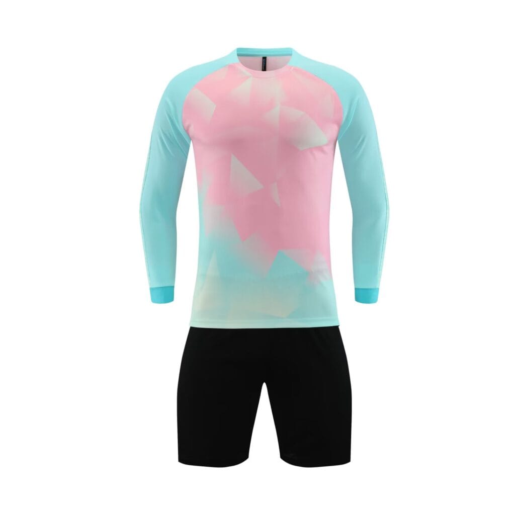 Pink Cyan Gradient Geometric Long Sleeve Soccer Jersey Set, Sublimation Print Football Uniform with Black Shorts