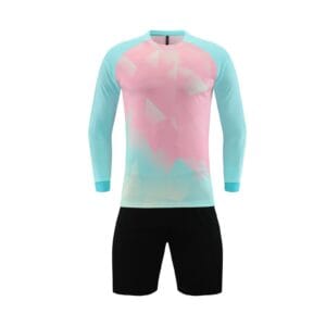 Pink Cyan Gradient Geometric Long Sleeve Soccer Jersey Set, Sublimation Print Football Uniform with Black Shorts