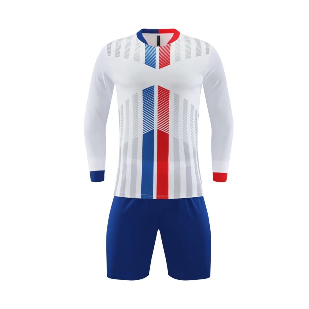 White Long Sleeve Custom Soccer Jersey Set, Red Blue Geometric Print Football Shirt with Royal Blue Shorts