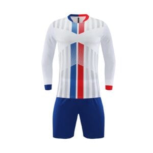 White Long Sleeve Custom Soccer Jersey Set, Red Blue Geometric Print Football Shirt with Royal Blue Shorts
