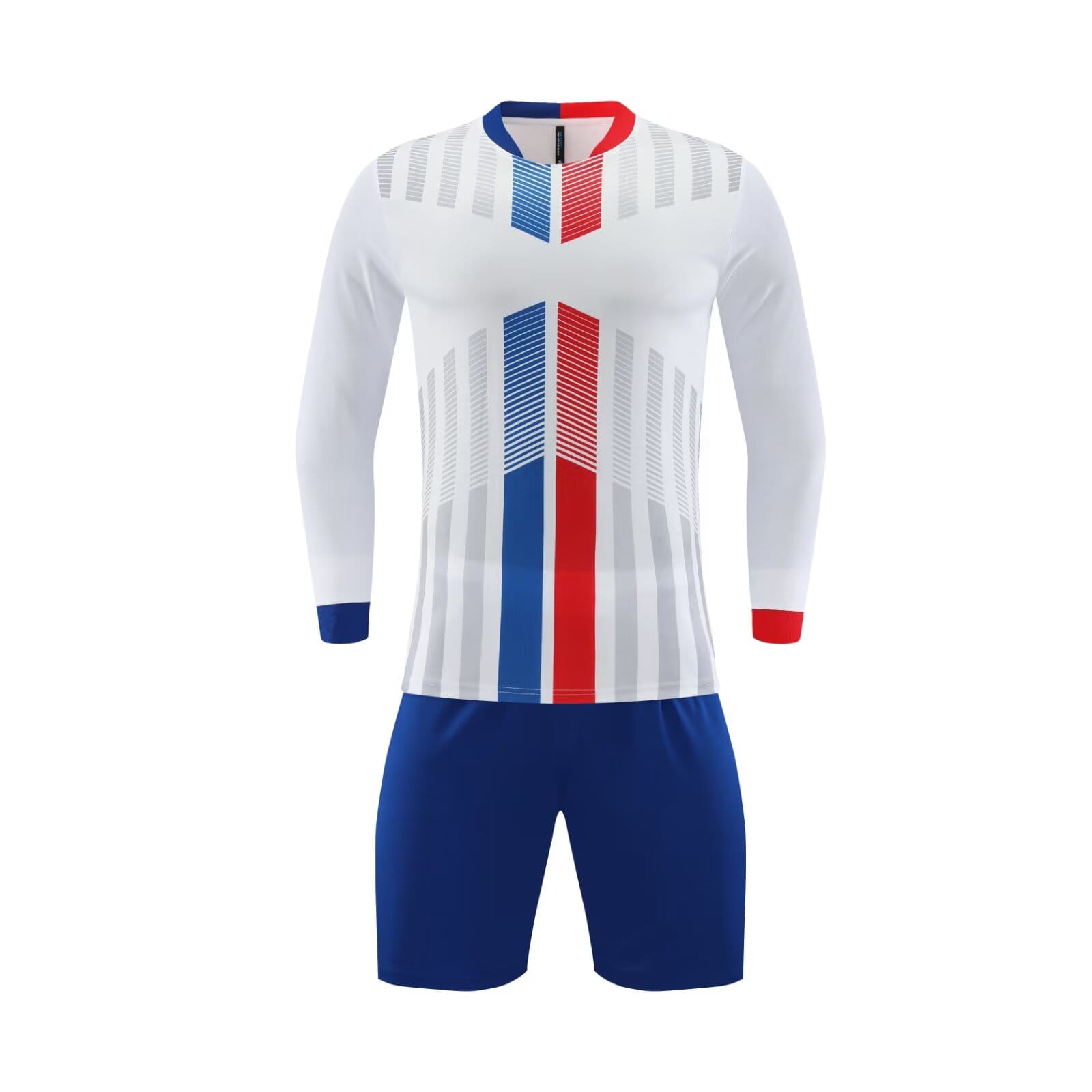 White Long Sleeve Custom Soccer Jersey Set, Red Blue Geometric Print Football Shirt with Royal Blue Shorts