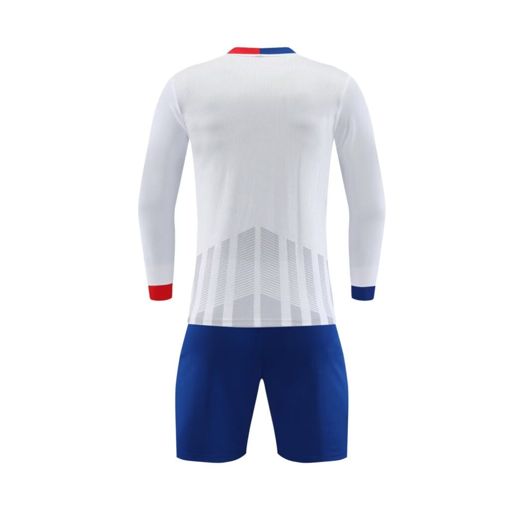 White Long Sleeve Soccer Jersey Back View, Custom Football Uniform with Red Blue Accent Cuffs