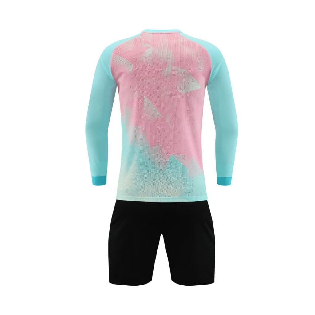 Pink Cyan Gradient Geometric Long Sleeve Soccer Jersey Set Back View, Mesh Football Uniform
