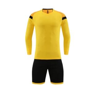Yellow Long Sleeve Custom Soccer Jersey Set Front View, Color Block Football Uniform with Black Shorts